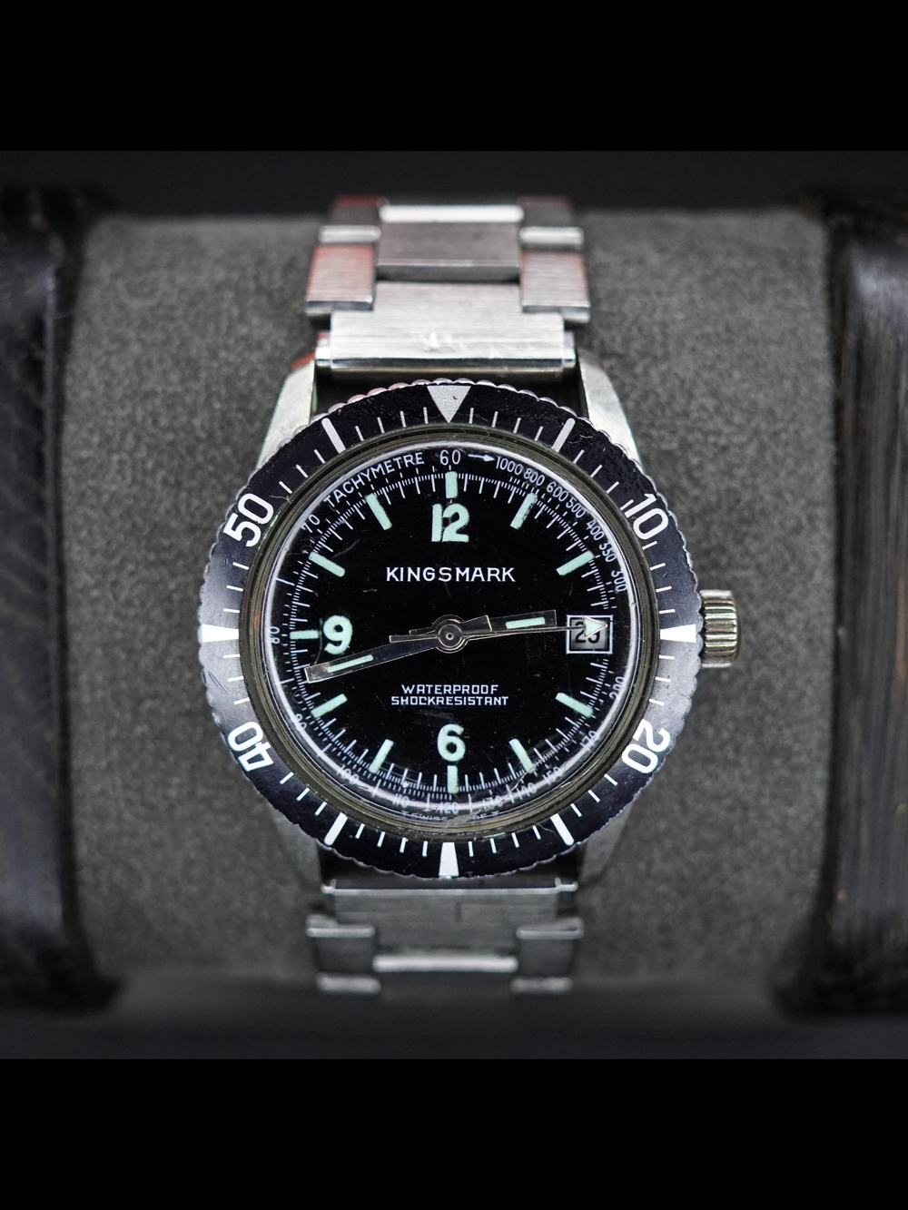 Vintage Kingsmark Diver Swiss Made Black Dial Date Stainless Steel Bracelet